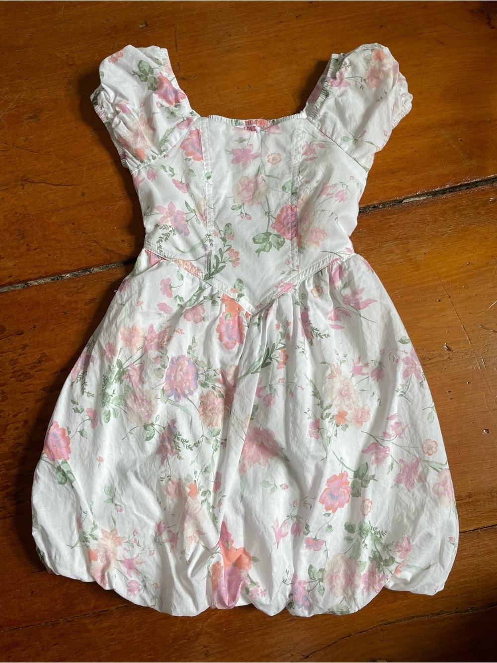 love on a hanger White Floral Bubble Dress with Pink & Green Print